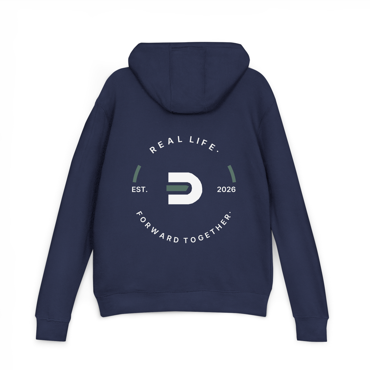 Back view of the navy Dads in the Game Real Life Heritage Wheel hoodie with large wheel design and Est. 2026 lettering