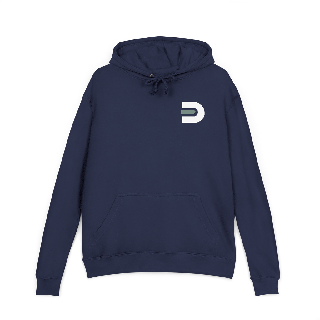 Front view of the navy Dads in the Game Signature D hoodie with small D emblem on the left chest