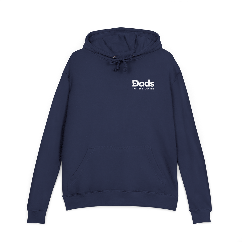 Front view of the navy Dads in the Game Real Life Wheel hoodie with small full logo on the left chest