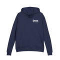 Front view of the navy Dads in the Game Real Life Wheel hoodie with small full logo on the left chest