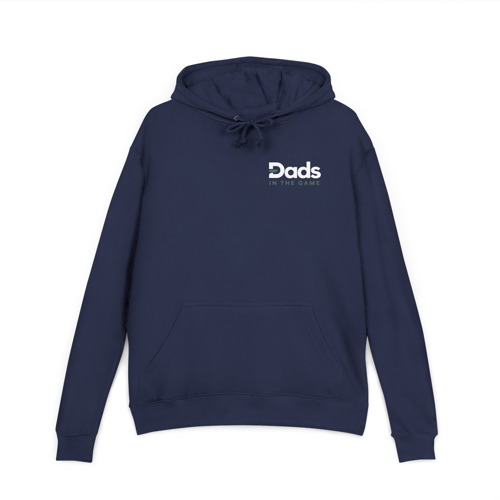 Front view of the navy Dads in the Game Real Life Heritage Wheel hoodie with small full logo on the left chest