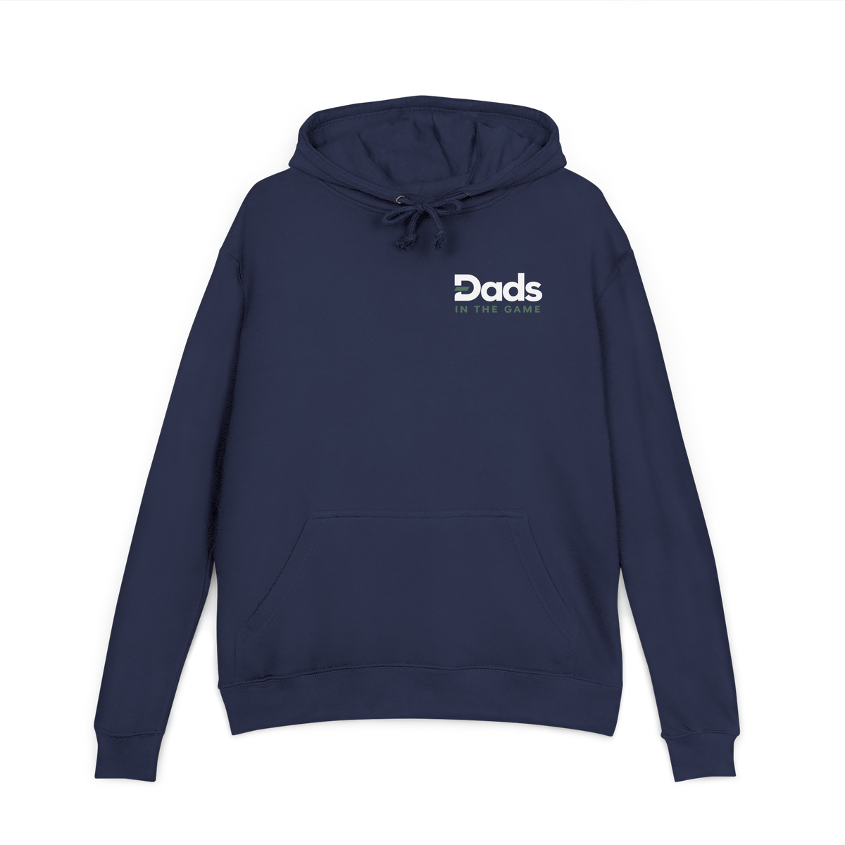 Front view of the navy Dads in the Game Real Life Heritage Wheel hoodie with small full logo on the left chest
