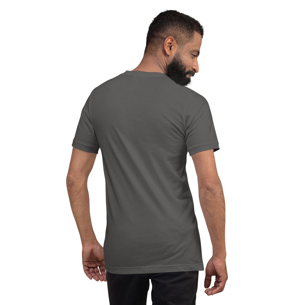 Model wearing the asphalt Dads in the Game Signature T-shirt, back view