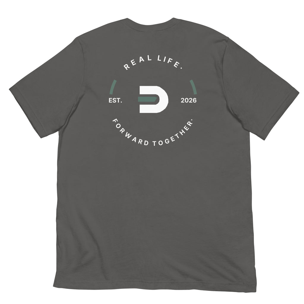 Asphalt Dads in the Game Real Life Wheel T-shirt, back view showing the large Real Life, Forward Together wheel design