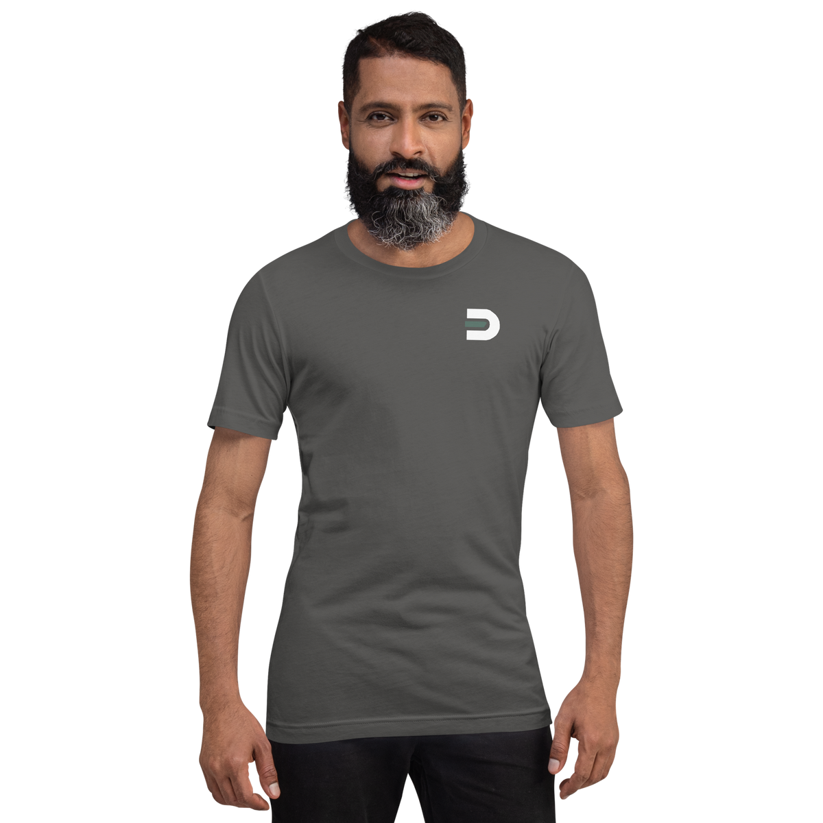 Model wearing the asphalt Dads in the Game Signature T-shirt, front view with small D emblem on the left chest