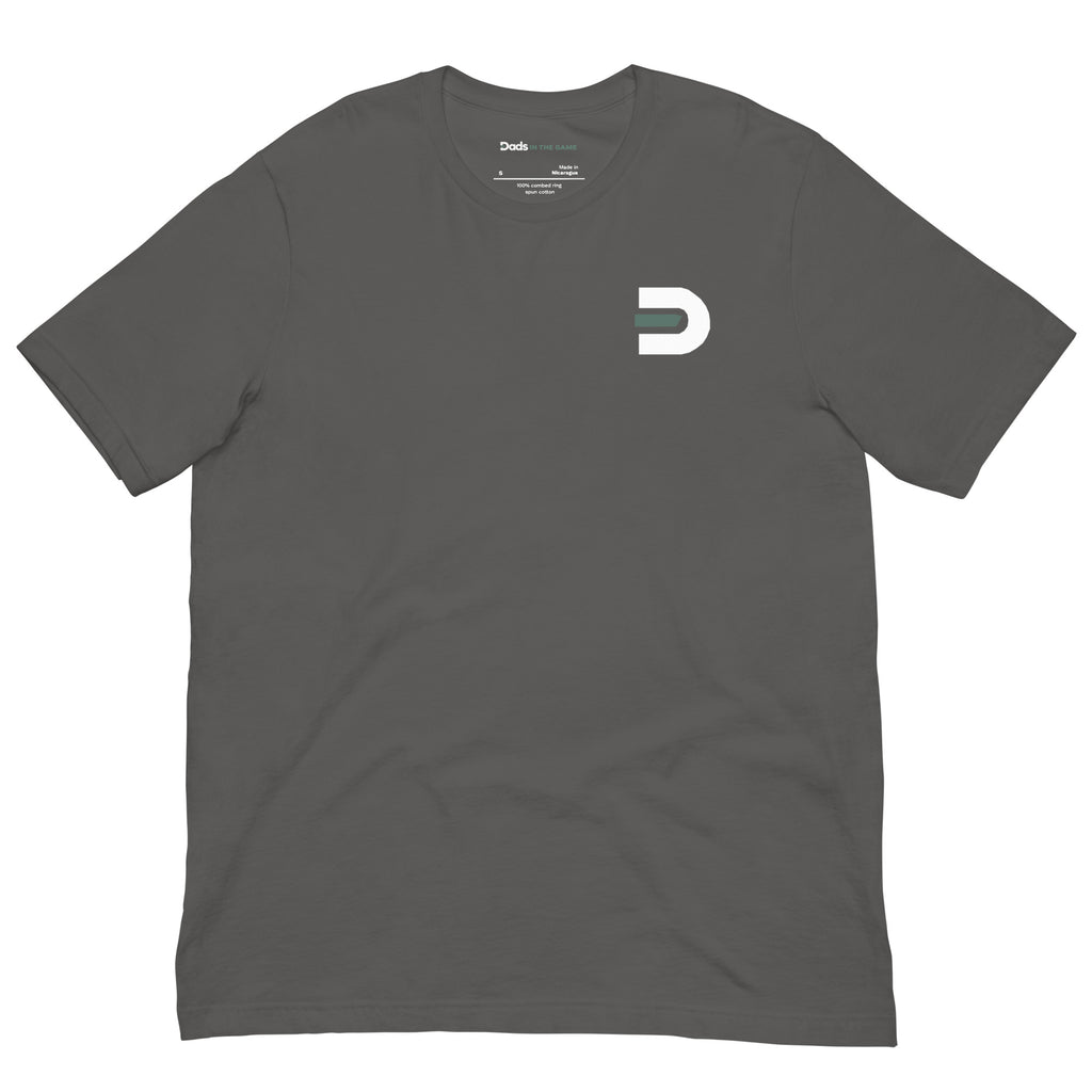 Asphalt Dads in the Game Real Life Wheel T-shirt, front view with small D emblem on the left chest