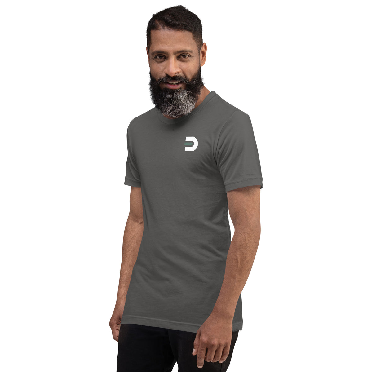 Model wearing the asphalt Dads in the Game Signature T-shirt, alternate angled front view with small D emblem on the left chest