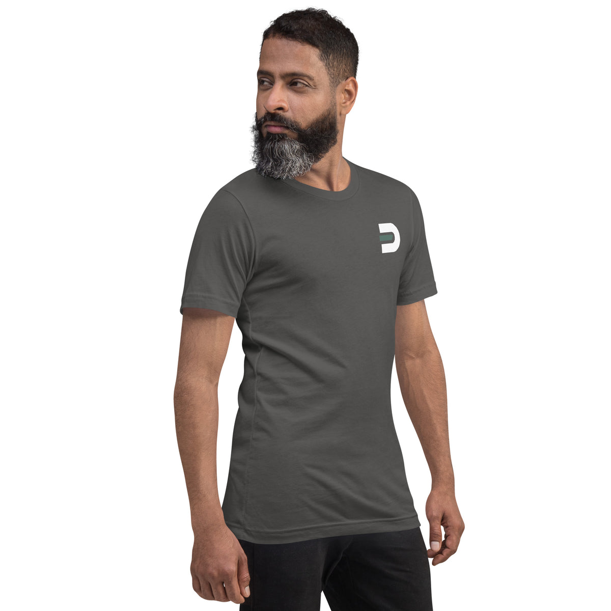 Model wearing the asphalt Dads in the Game Real Life Wheel T-shirt, angled front view with small D emblem on the left chest