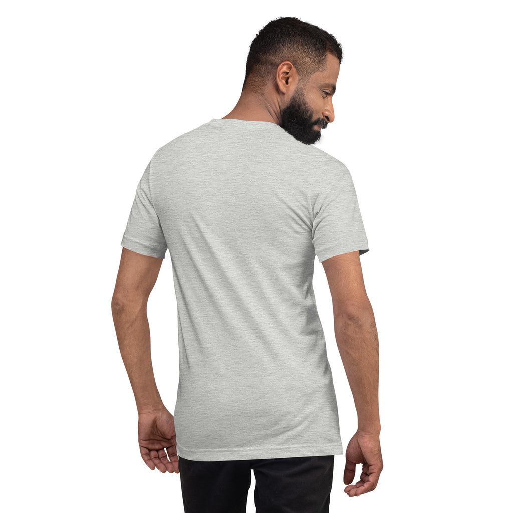 Model wearing the athletic heather Dads in the Game Signature T-shirt, back view