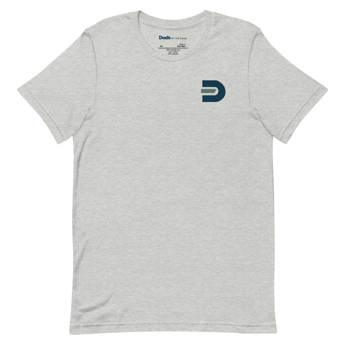 Athletic heather Dads in the Game Real Life Wheel T-shirt, front view with small D emblem on the left chest