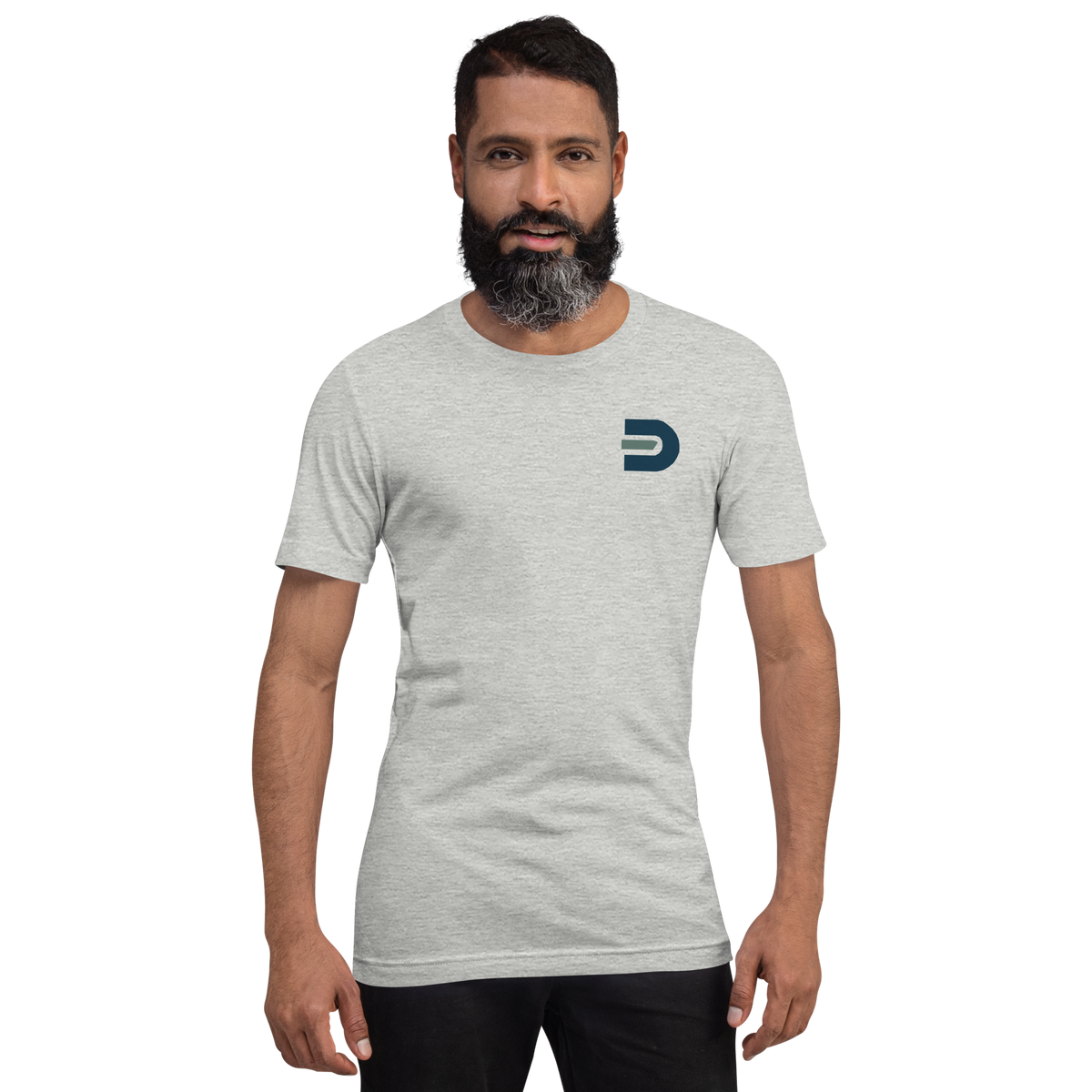 Model wearing the athletic heather Dads in the Game Real Life Wheel T-shirt, front view with small D emblem on the left chest