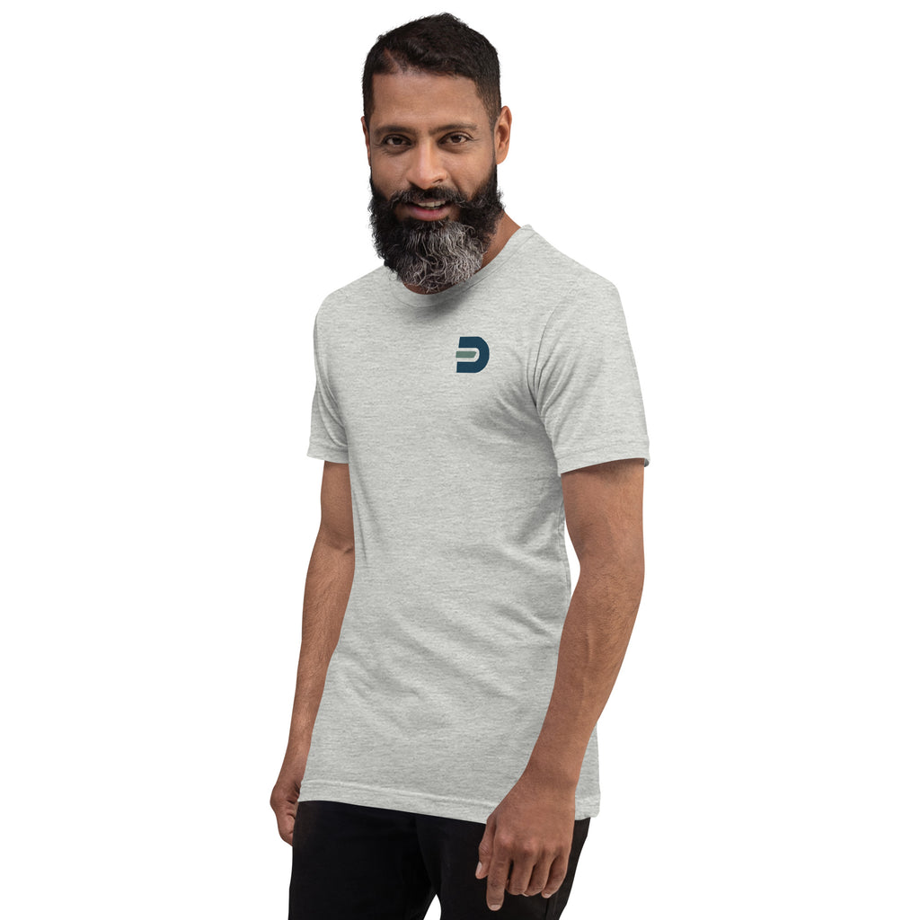 Model wearing the athletic heather Dads in the Game Signature T-shirt, alternate angled front view with small D emblem on the left chest