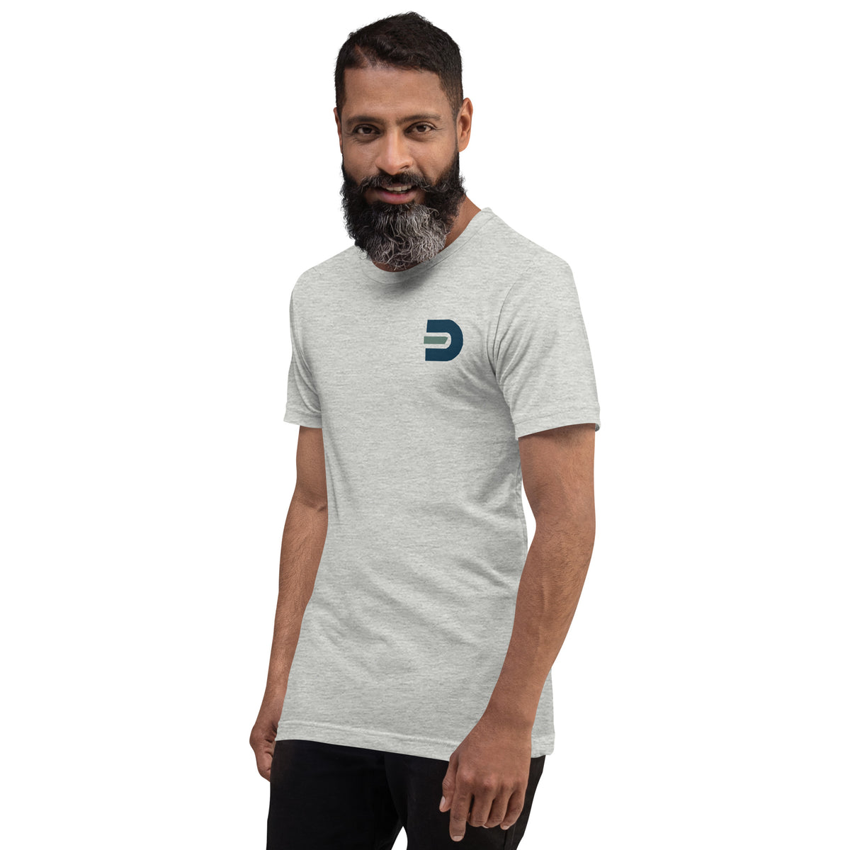 Model wearing the athletic heather Dads in the Game Real Life Wheel T-shirt, alternate angled front view with small D emblem on the left chest