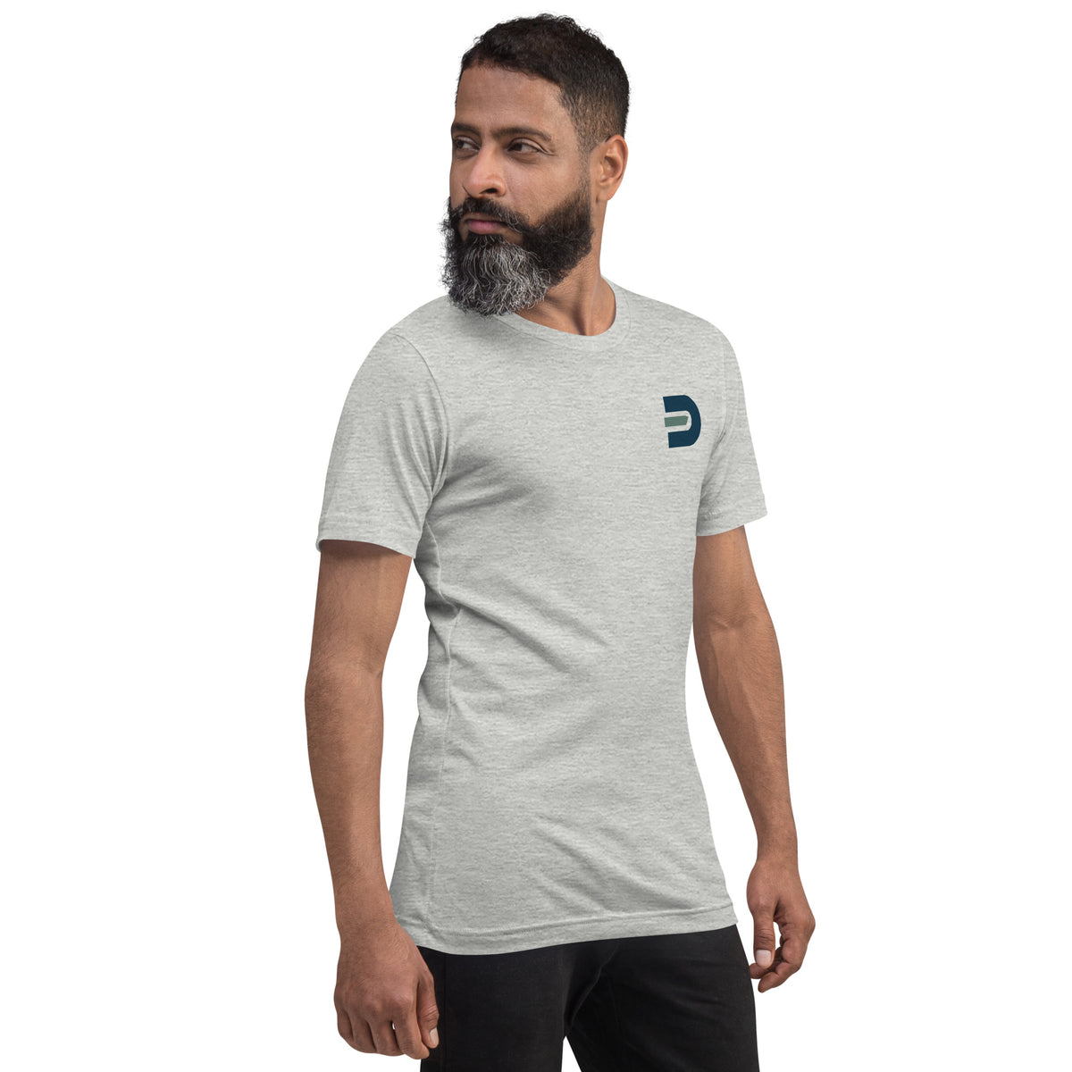 Model wearing the athletic heather Dads in the Game Real Life Wheel T-shirt, angled front view with small D emblem on the left chest