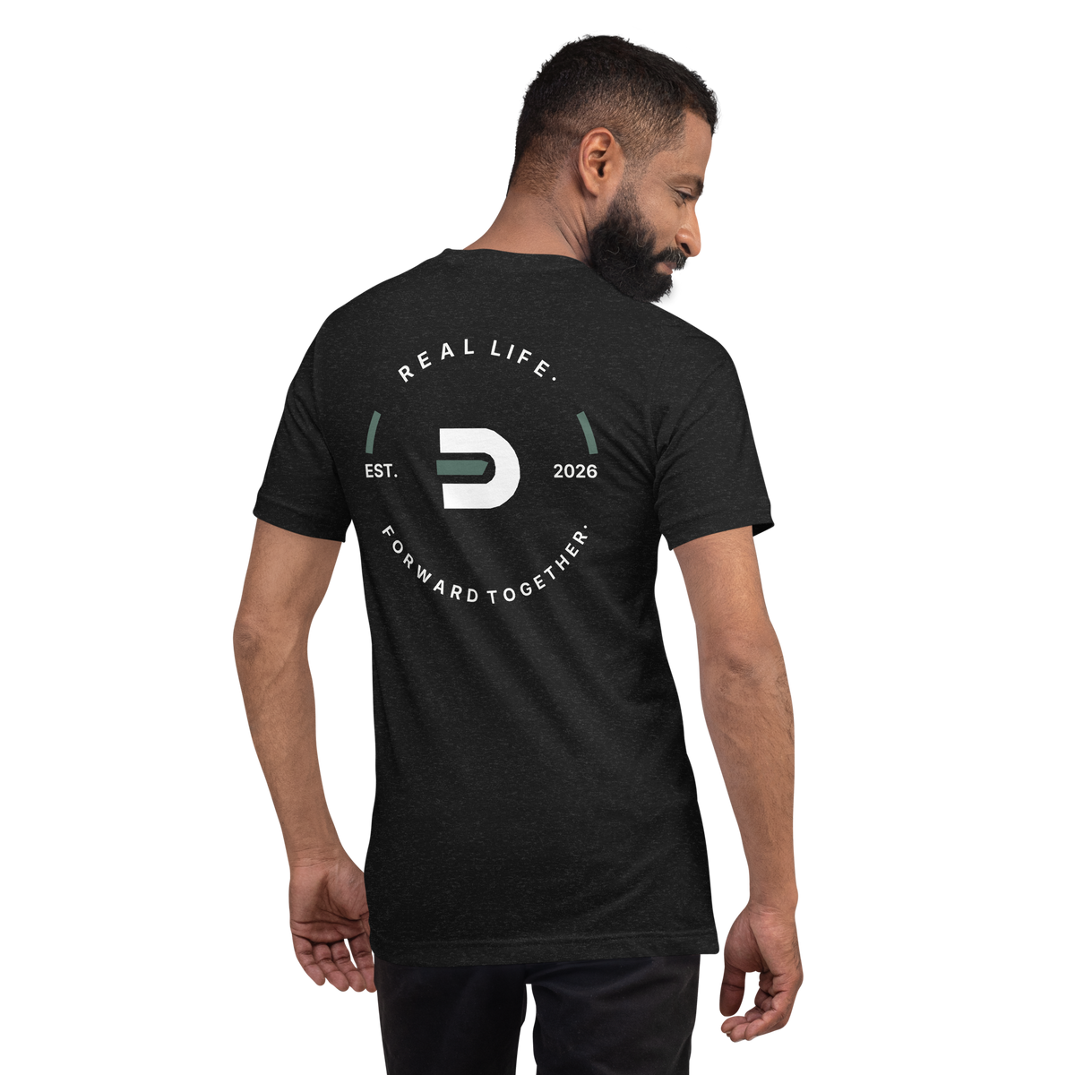 Model wearing the black Dads in the Game Real Life Wheel T-shirt, back view showing the large Real Life, Forward Together wheel design