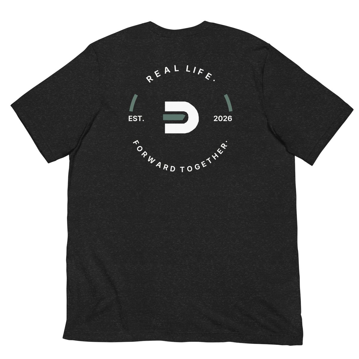 Black Dads in the Game Real Life Wheel T-shirt, back view showing the large Real Life, Forward Together wheel design