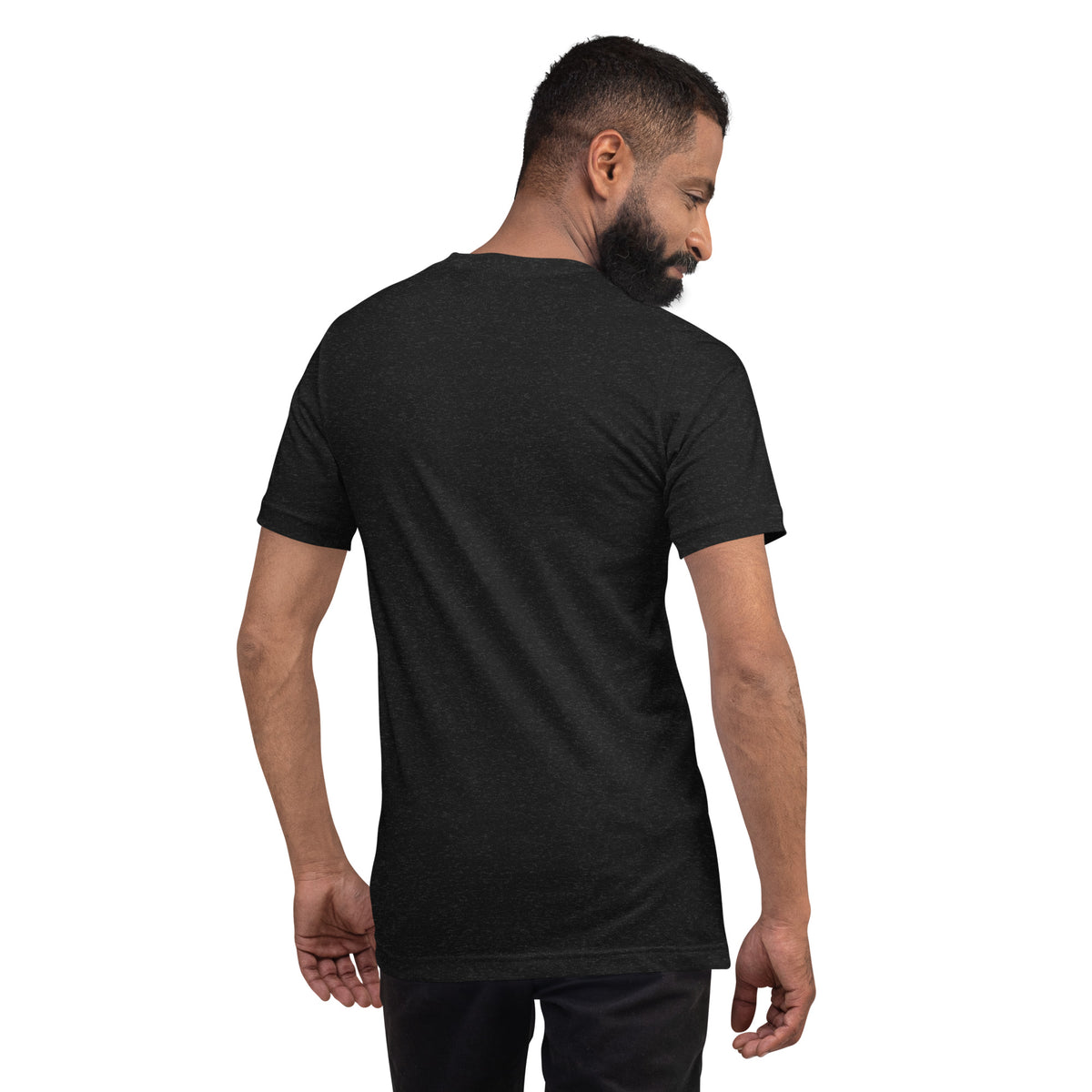 Model wearing the black Dads in the Game Signature T-shirt, back view