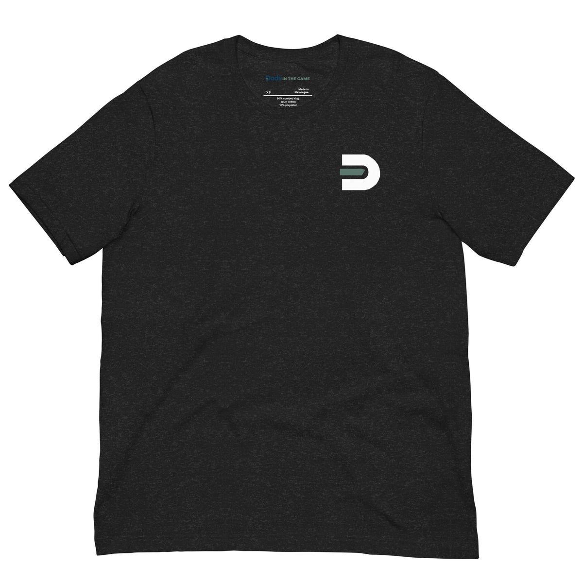 Black Dads in the Game Real Life Wheel T-shirt, front view with small D emblem on the left chest