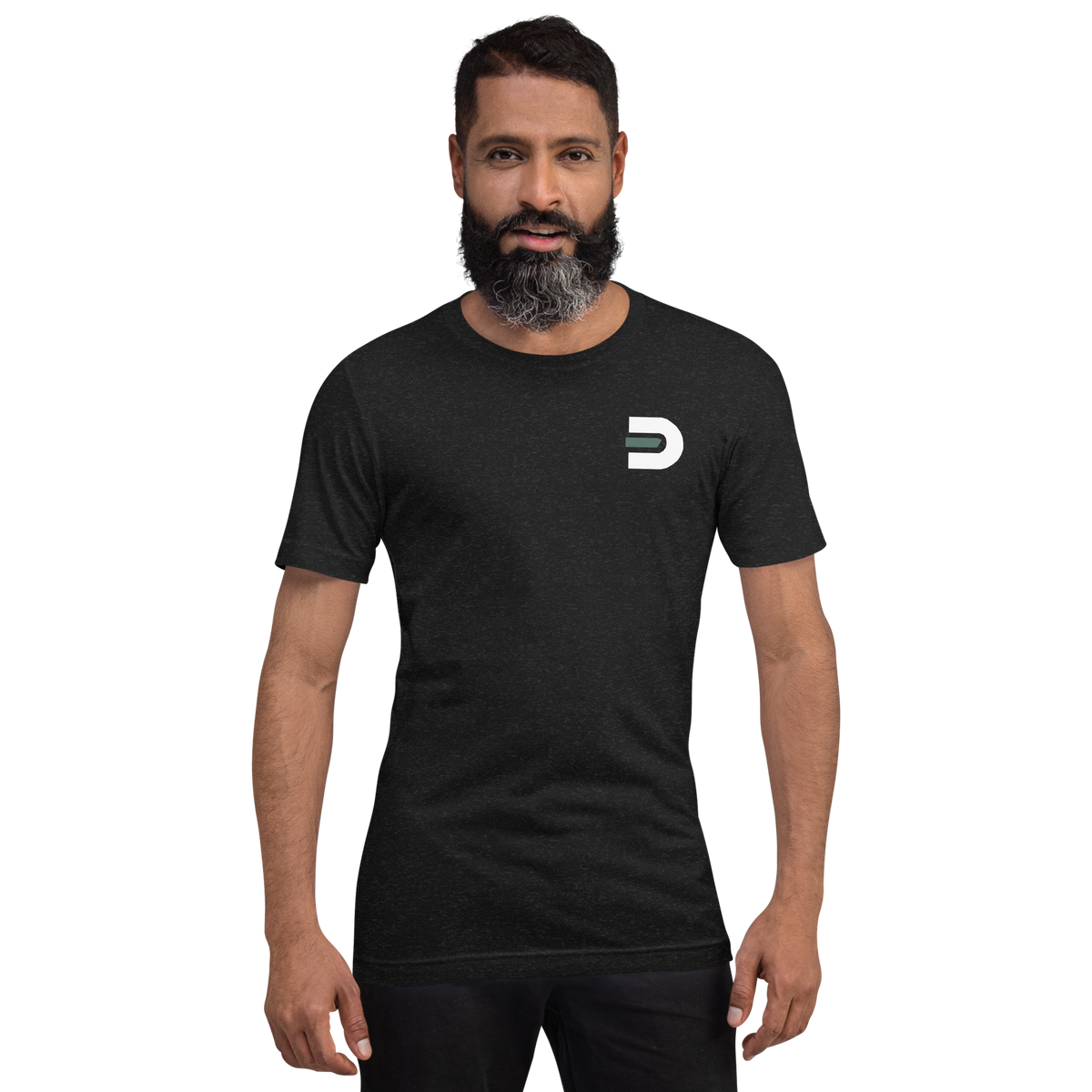 Model wearing the black Dads in the Game Real Life Wheel T-shirt, front view with small D emblem on the left chest