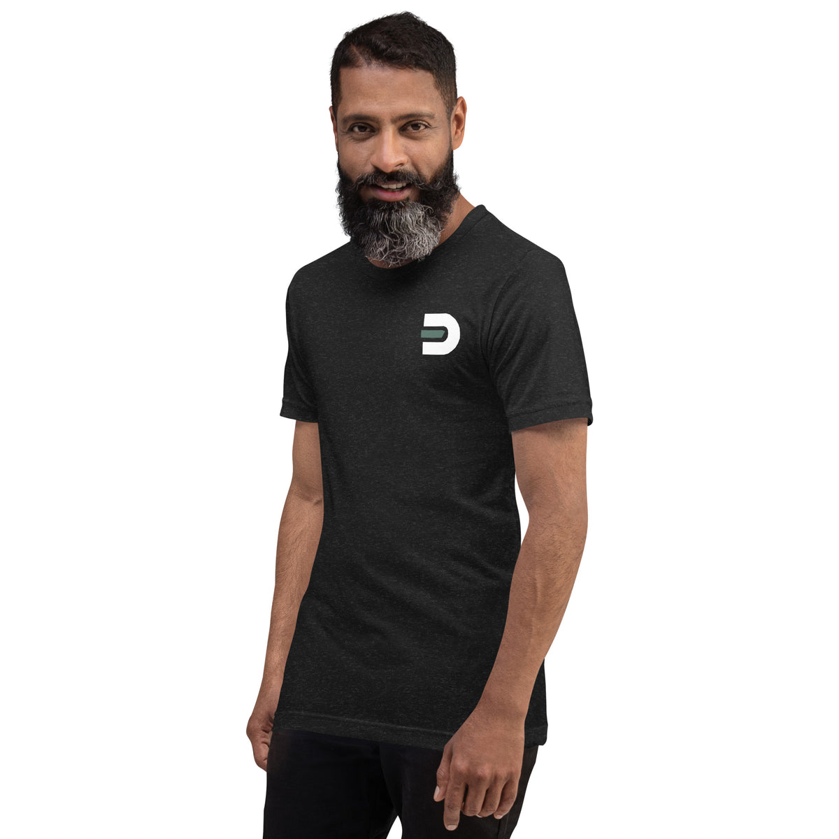Model wearing the black Dads in the Game Real Life Wheel T-shirt, alternate angled front view with small D emblem on the left chest