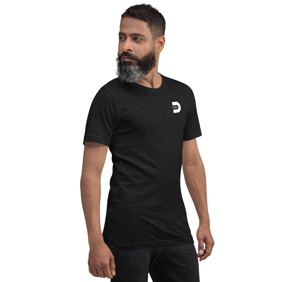 Model wearing the black Dads in the Game Signature T-shirt, angled front view with small D emblem on the left chest