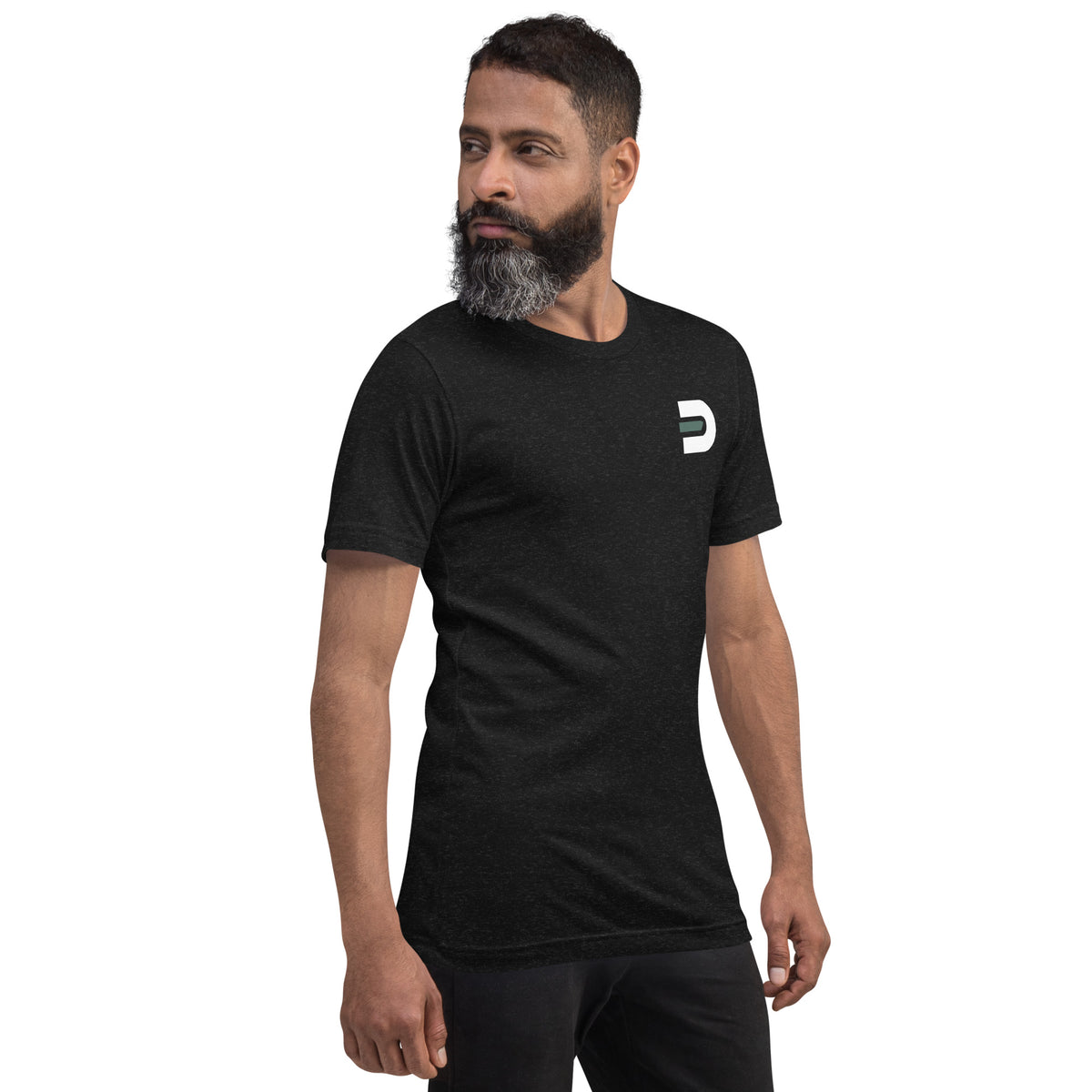 Model wearing the black Dads in the Game Real Life Wheel T-shirt, angled front view with small D emblem on the left chest