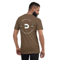 Model wearing the heather brown Dads in the Game Real Life Wheel T-shirt, back view showing the large Real Life, Forward Together wheel design