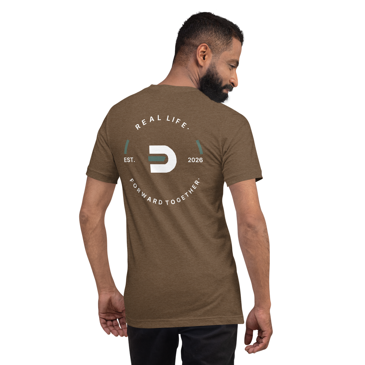 Model wearing the heather brown Dads in the Game Real Life Wheel T-shirt, back view showing the large Real Life, Forward Together wheel design