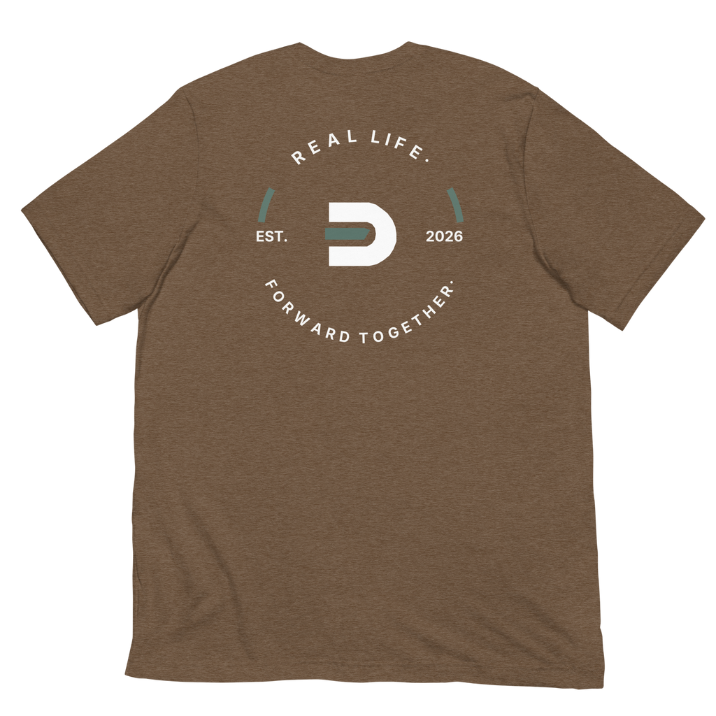 Heather brown Dads in the Game Real Life Wheel T-shirt, back view showing the large Real Life, Forward Together wheel design