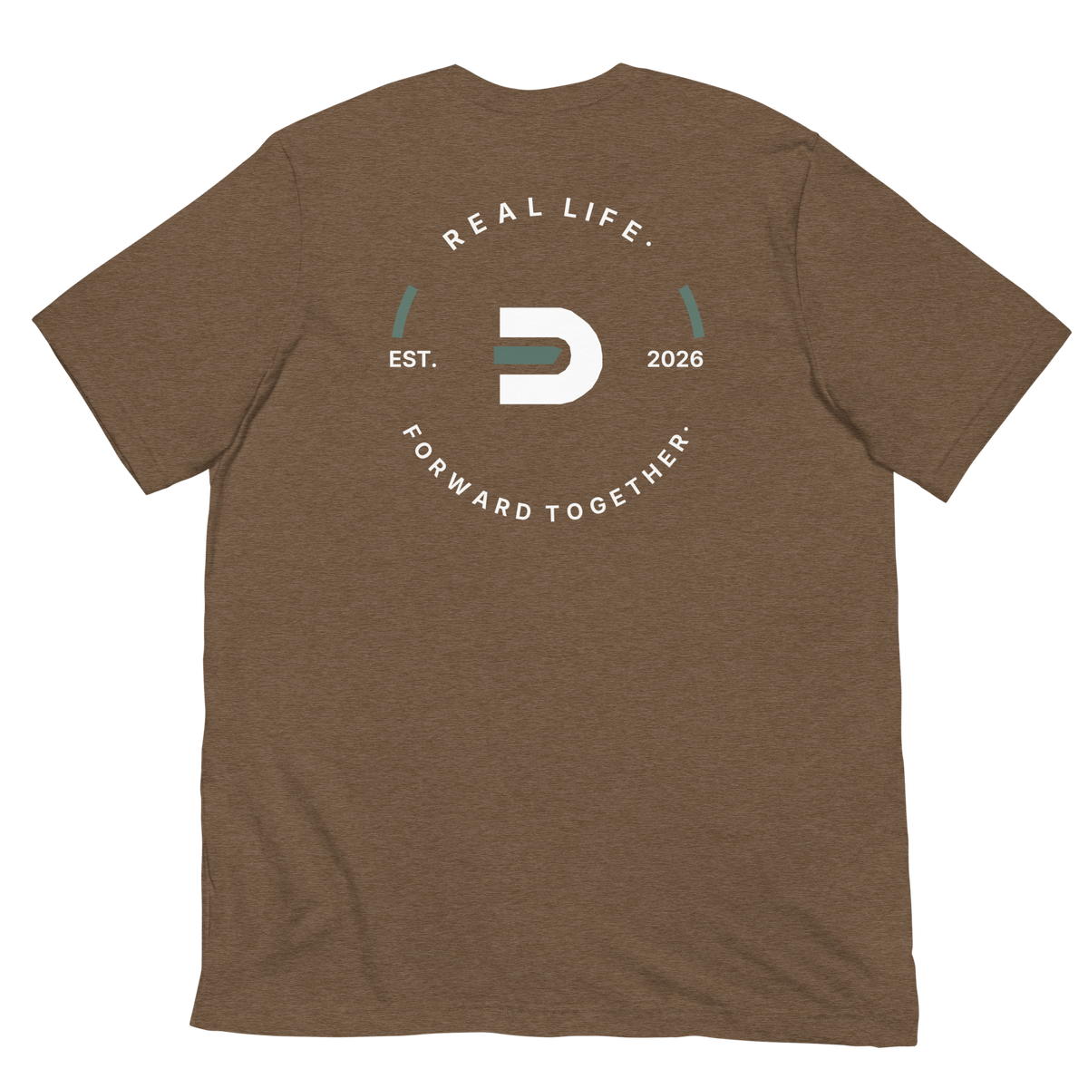 Heather brown Dads in the Game Real Life Wheel T-shirt, back view showing the large Real Life, Forward Together wheel design