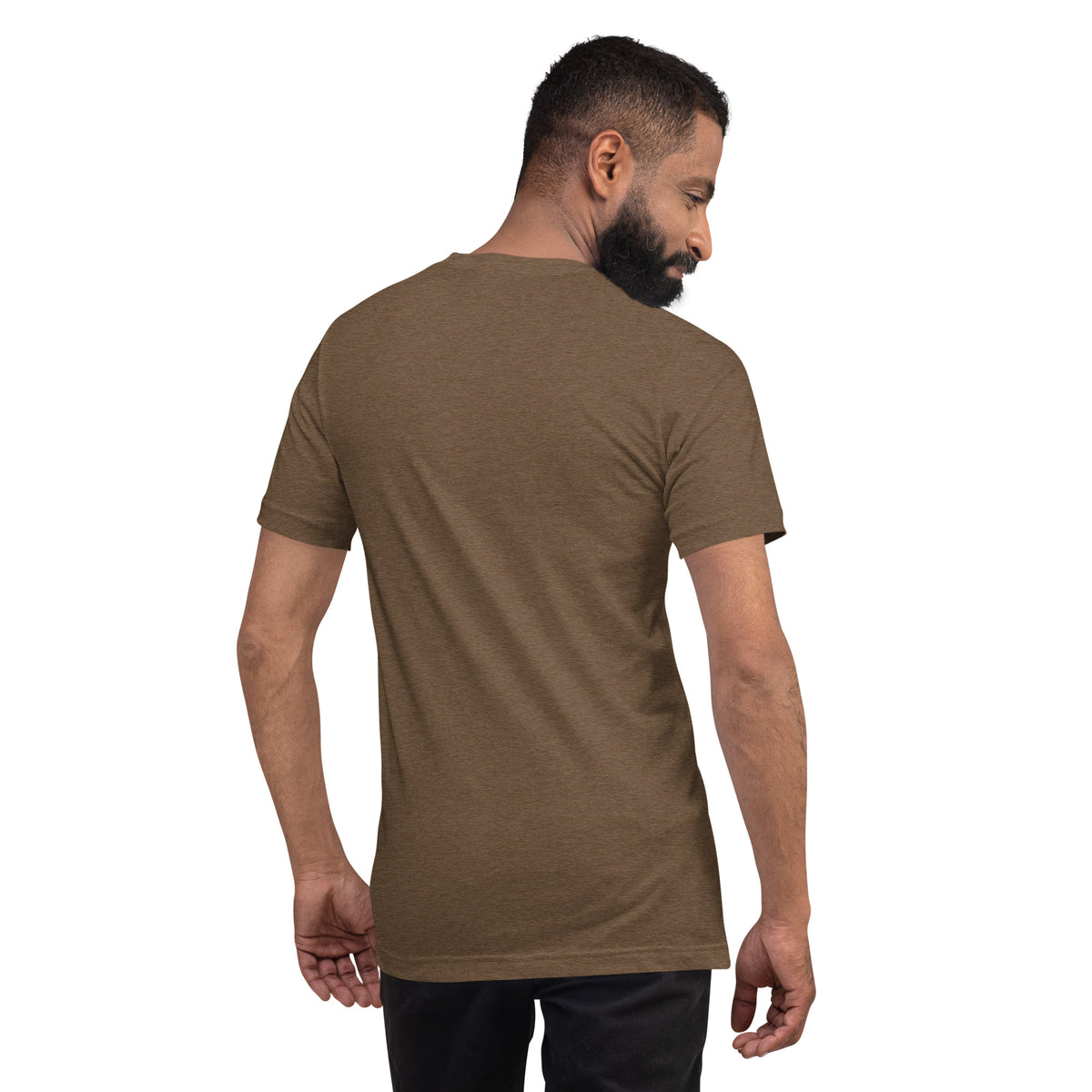 Model wearing the heather brown Dads in the Game Signature T-shirt, back view