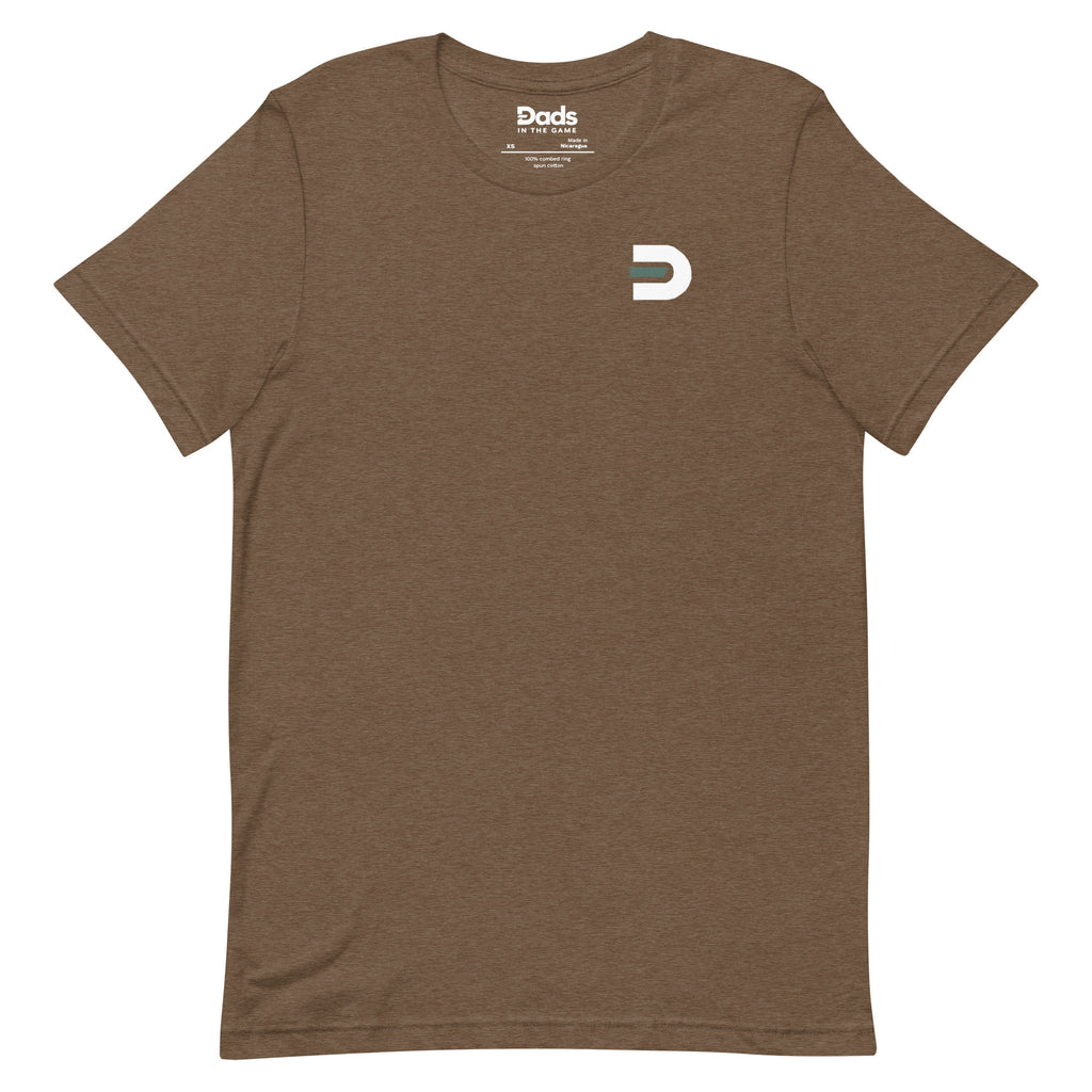 Heather brown Dads in the Game Signature T-shirt, front view with small D emblem on the left chest