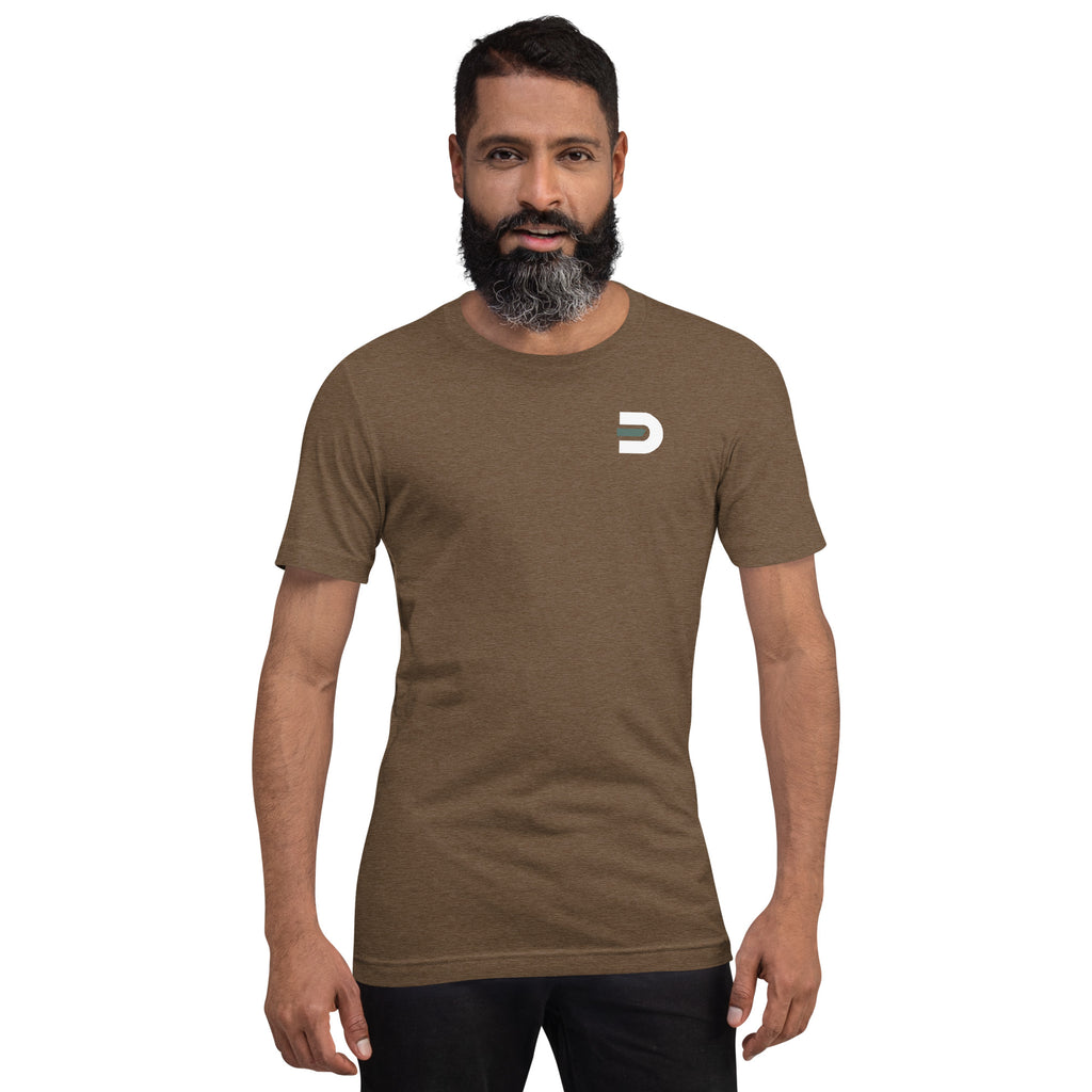 Model wearing the heather brown Dads in the Game Signature T-shirt, front view with small D emblem on the left chest