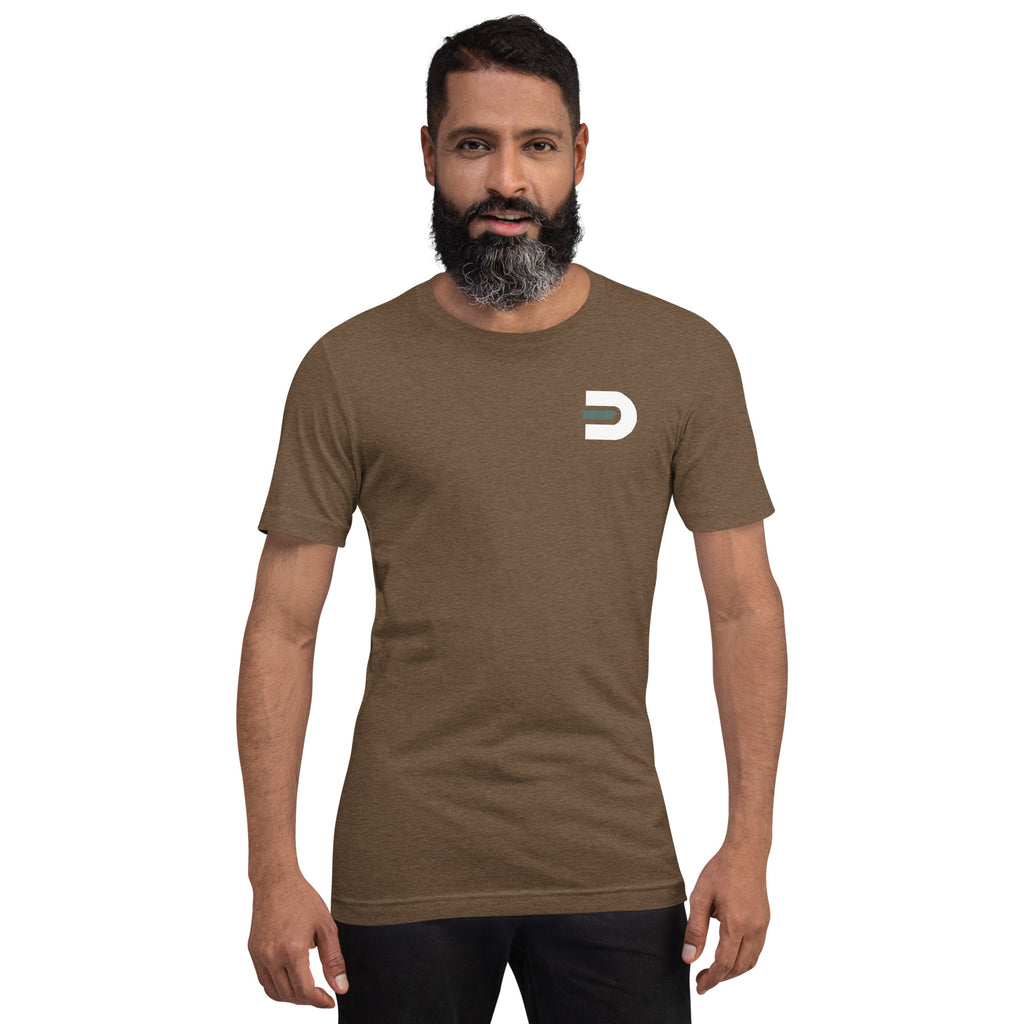 Model wearing the heather brown Dads in the Game Real Life Wheel T-shirt, front view with small D emblem on the left chest
