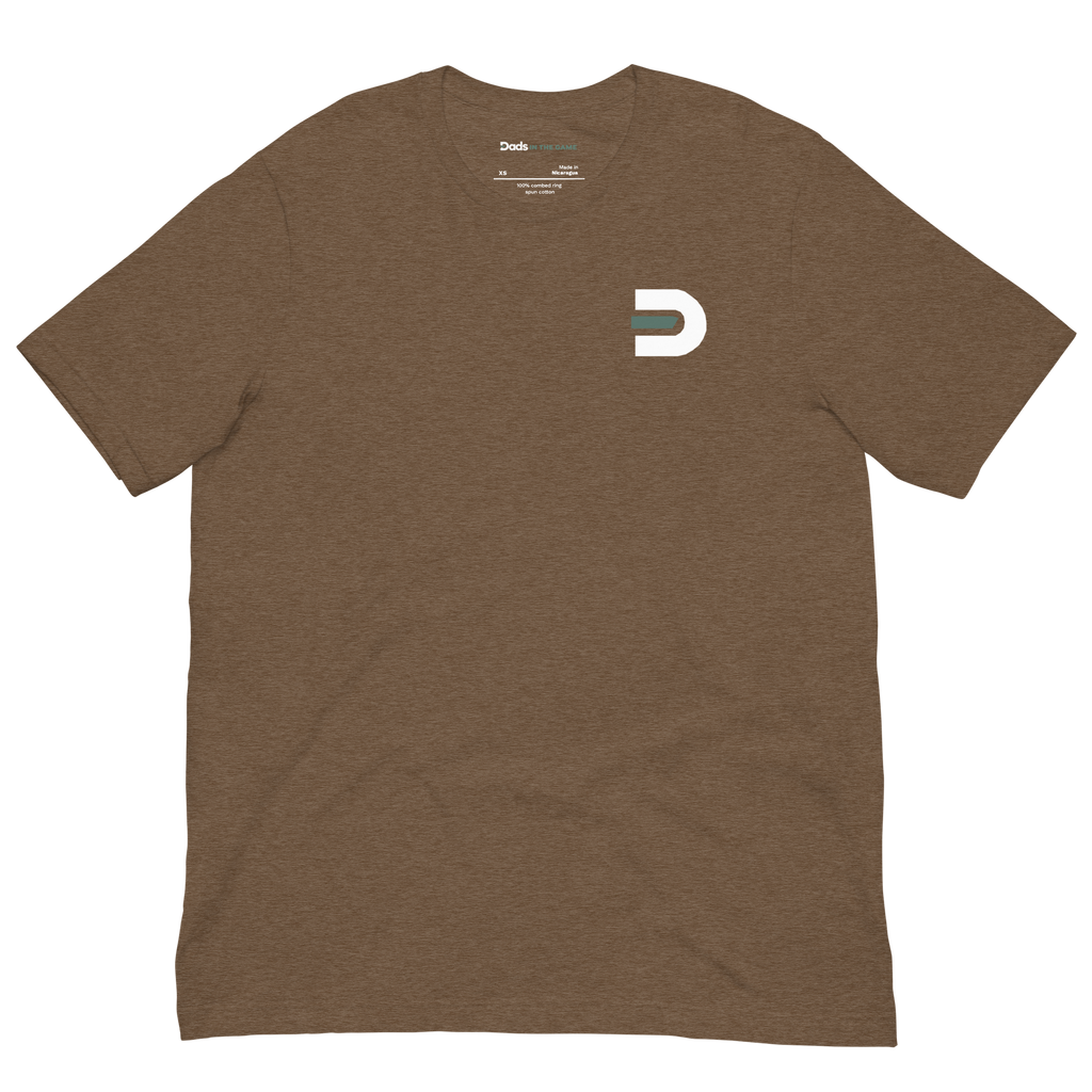 Heather brown Dads in the Game Real Life Wheel T-shirt, front view with small D emblem on the left chest
