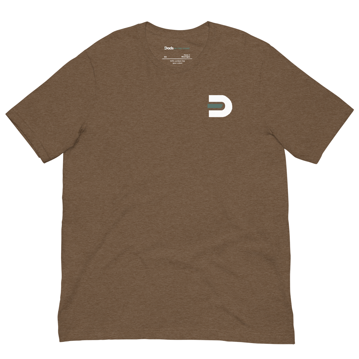 Heather brown Dads in the Game Real Life Wheel T-shirt, front view with small D emblem on the left chest