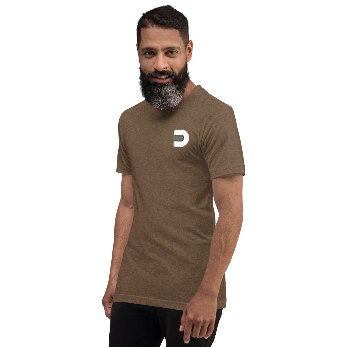 Model wearing the heather brown Dads in the Game Real Life Wheel T-shirt, angled front view with small D emblem on the left chest