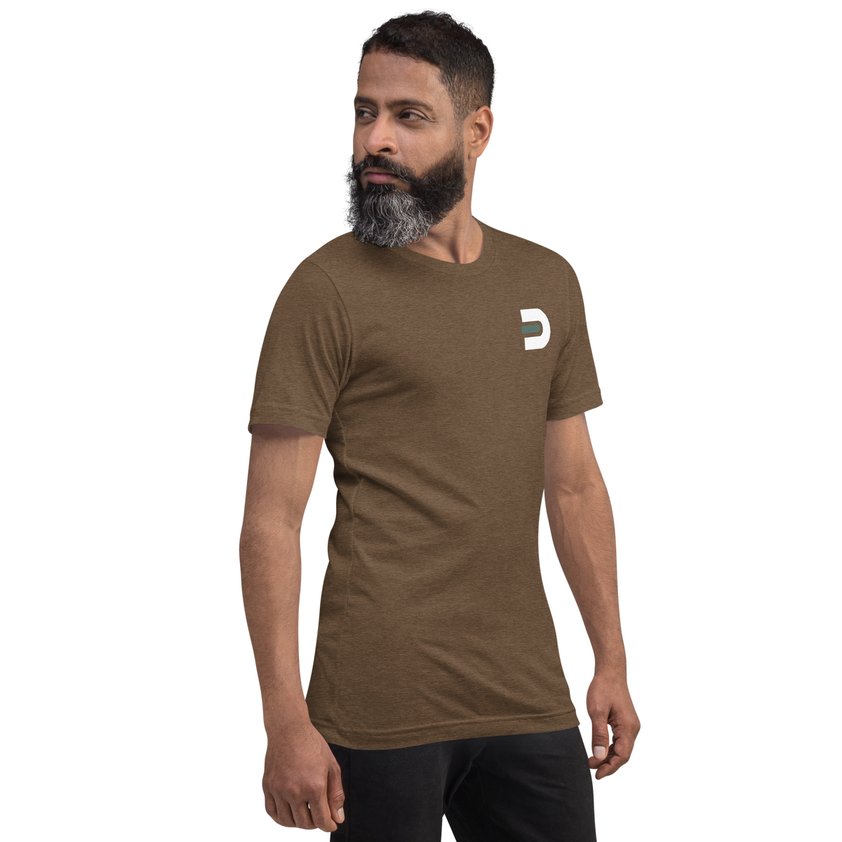 Model wearing the heather brown Dads in the Game Real Life Wheel T-shirt, alternate angled front view with small D emblem on the left chest