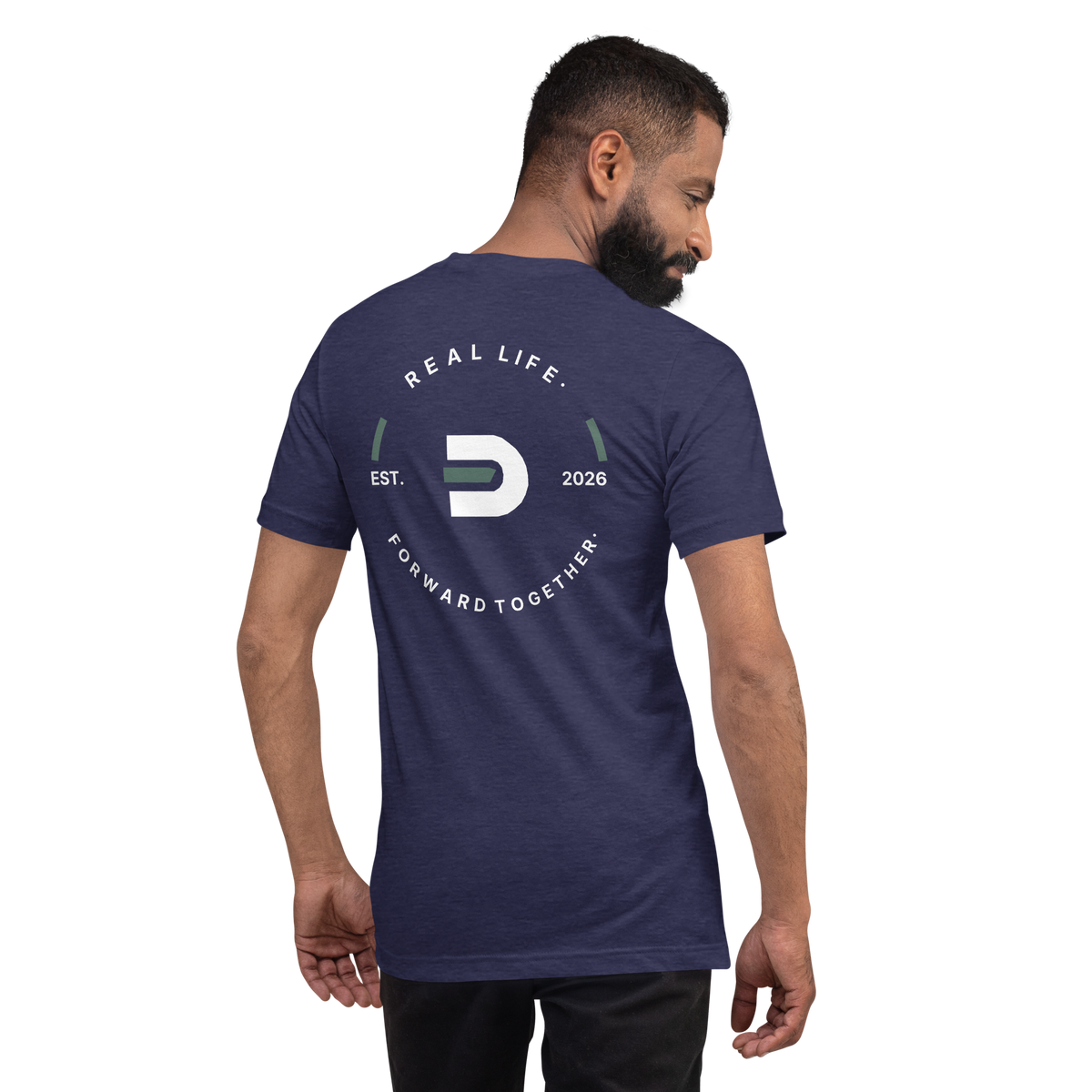 Model wearing the heather navy Dads in the Game Real Life Wheel T-shirt, back view showing the large Real Life, Forward Together wheel design