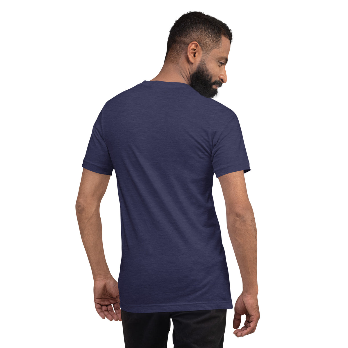 Model wearing the heather navy Dads in the Game Signature T-shirt, back view