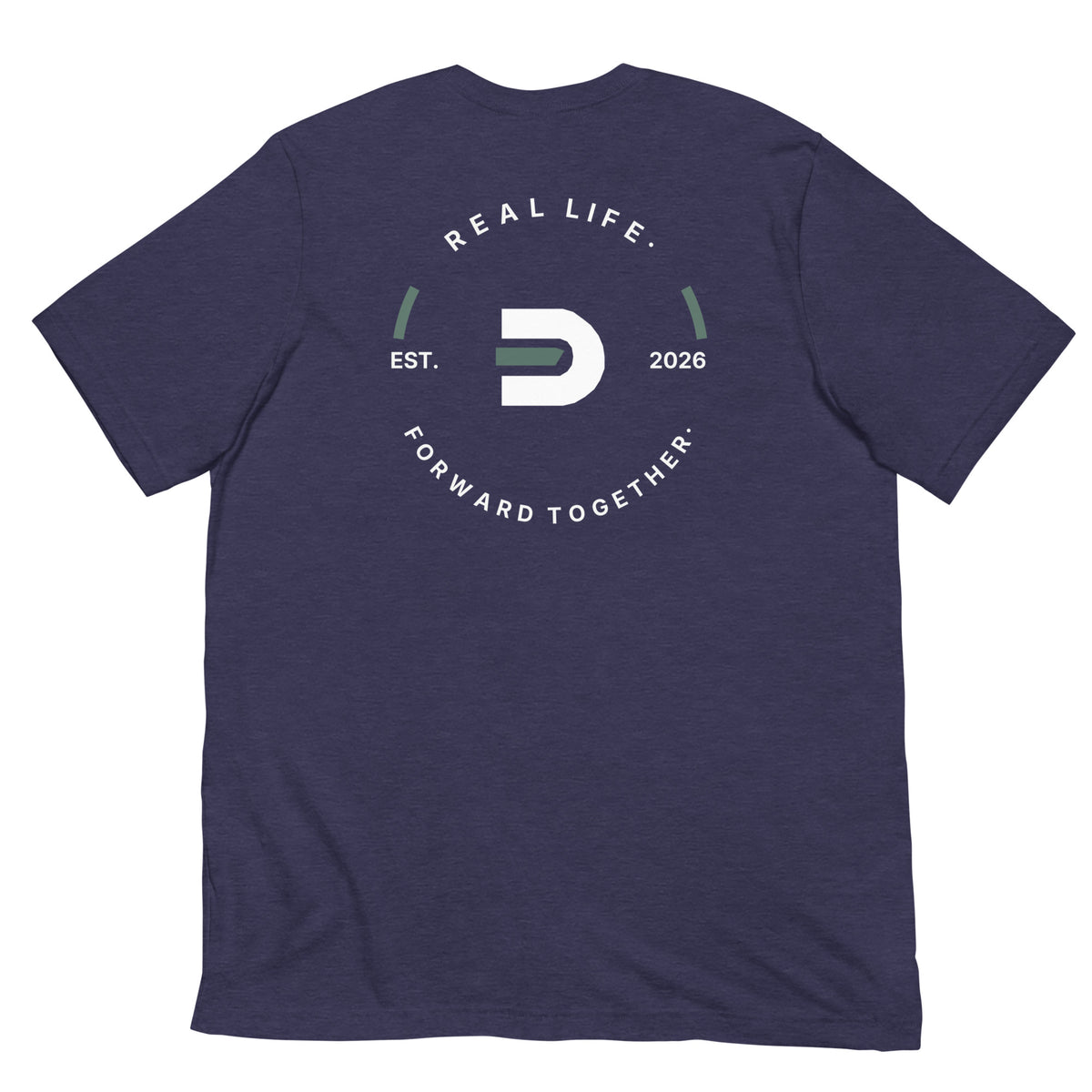 Heather navy Dads in the Game Real Life Wheel T-shirt, back view showing the large Real Life, Forward Together wheel design