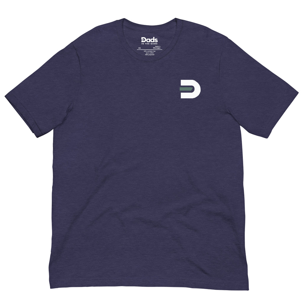 Heather navy Dads in the Game Signature T-shirt, front view with small D emblem on the left chest