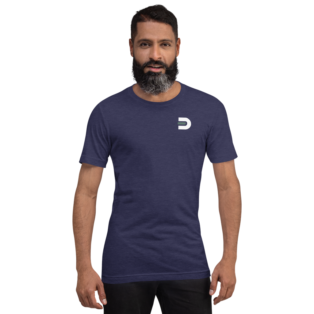 Model wearing the heather navy Dads in the Game Signature T-shirt, front view with small D emblem on the left chest