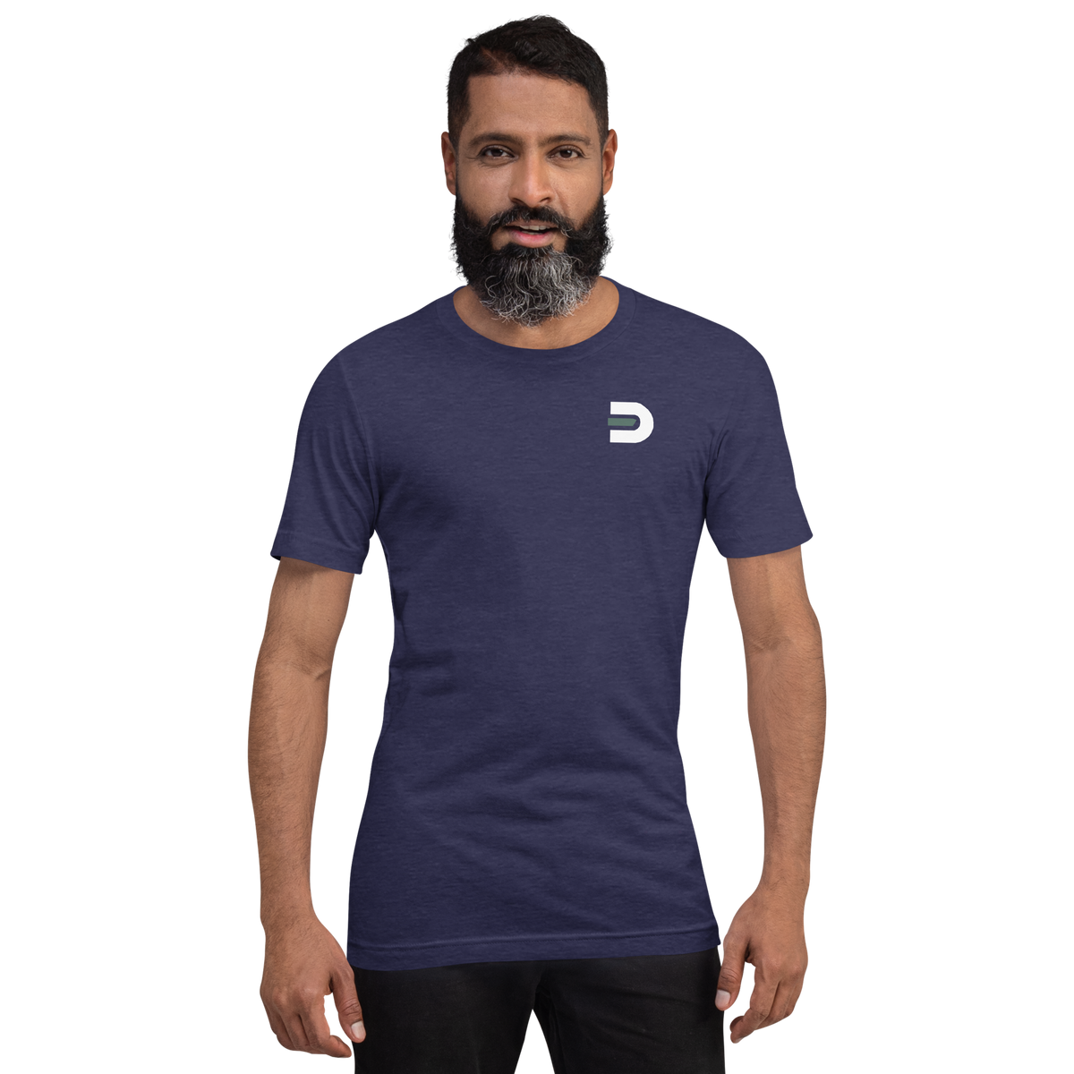 Model wearing the heather navy Dads in the Game Signature T-shirt, front view with small D emblem on the left chest