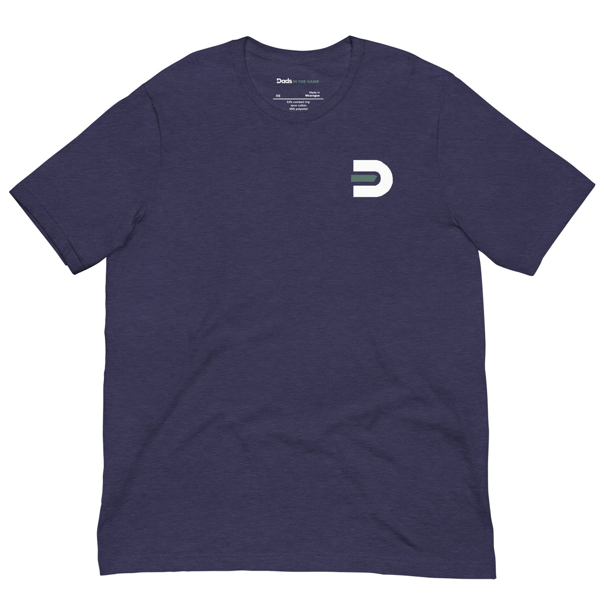 Heather navy Dads in the Game Real Life Wheel T-shirt, front view with small D emblem on the left chest