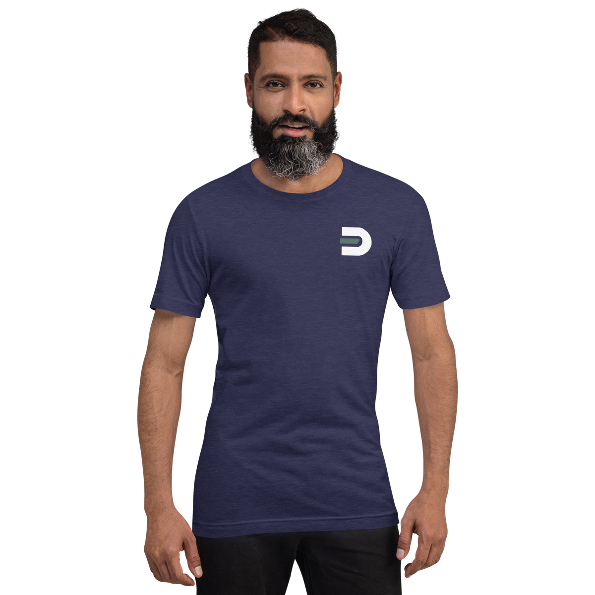 Model wearing the heather navy Dads in the Game Real Life Wheel T-shirt, front view with small D emblem on the left chest