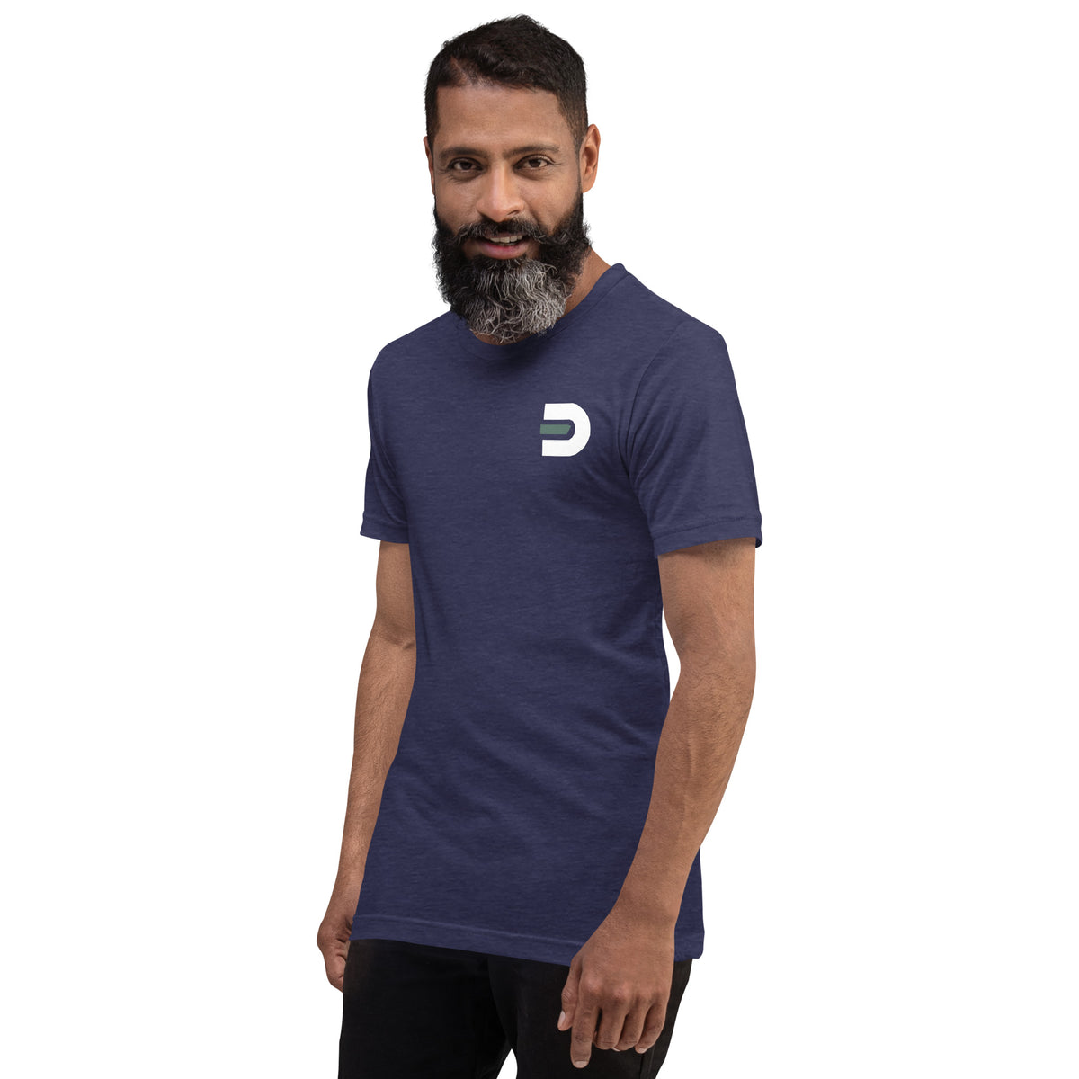 Model wearing the heather navy Dads in the Game Real Life Wheel T-shirt, alternate angled front view with small D emblem on the left chest