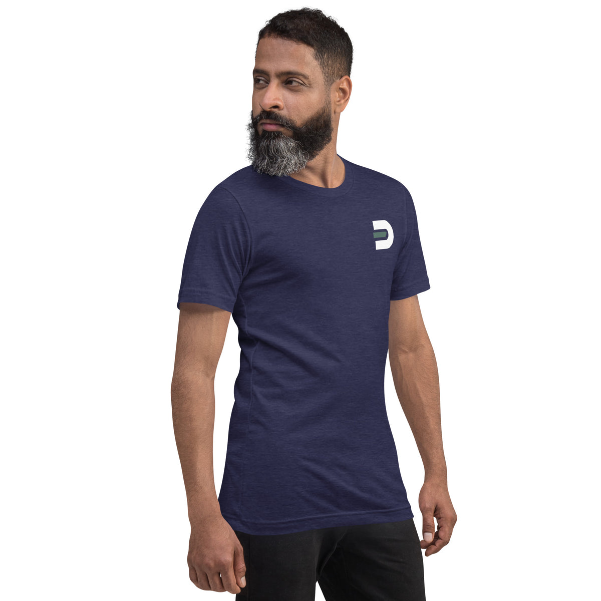 Model wearing the heather navy Dads in the Game Real Life Wheel T-shirt, angled front view with small D emblem on the left chest