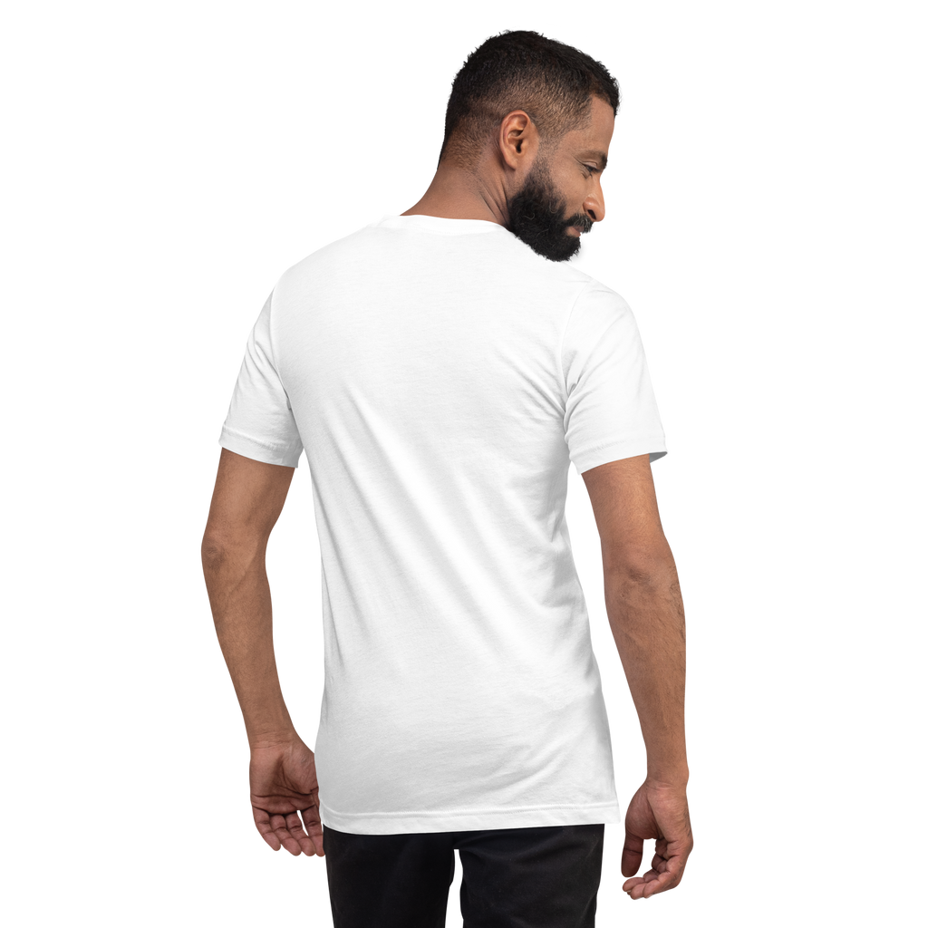 Model wearing the white Dads in the Game Signature T-shirt, back view