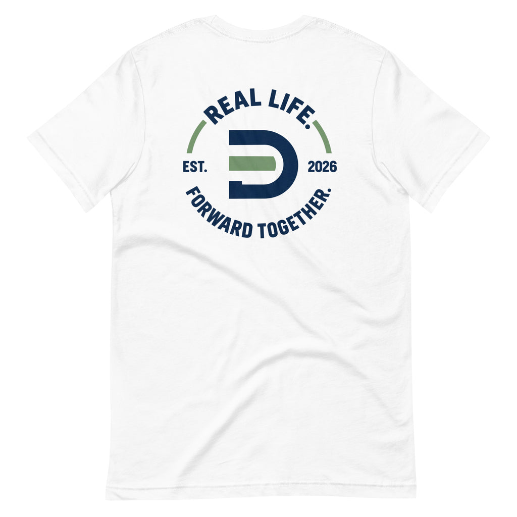 White Dads in the Game Real Life Wheel T-shirt, back view showing the large Real Life, Forward Together wheel design